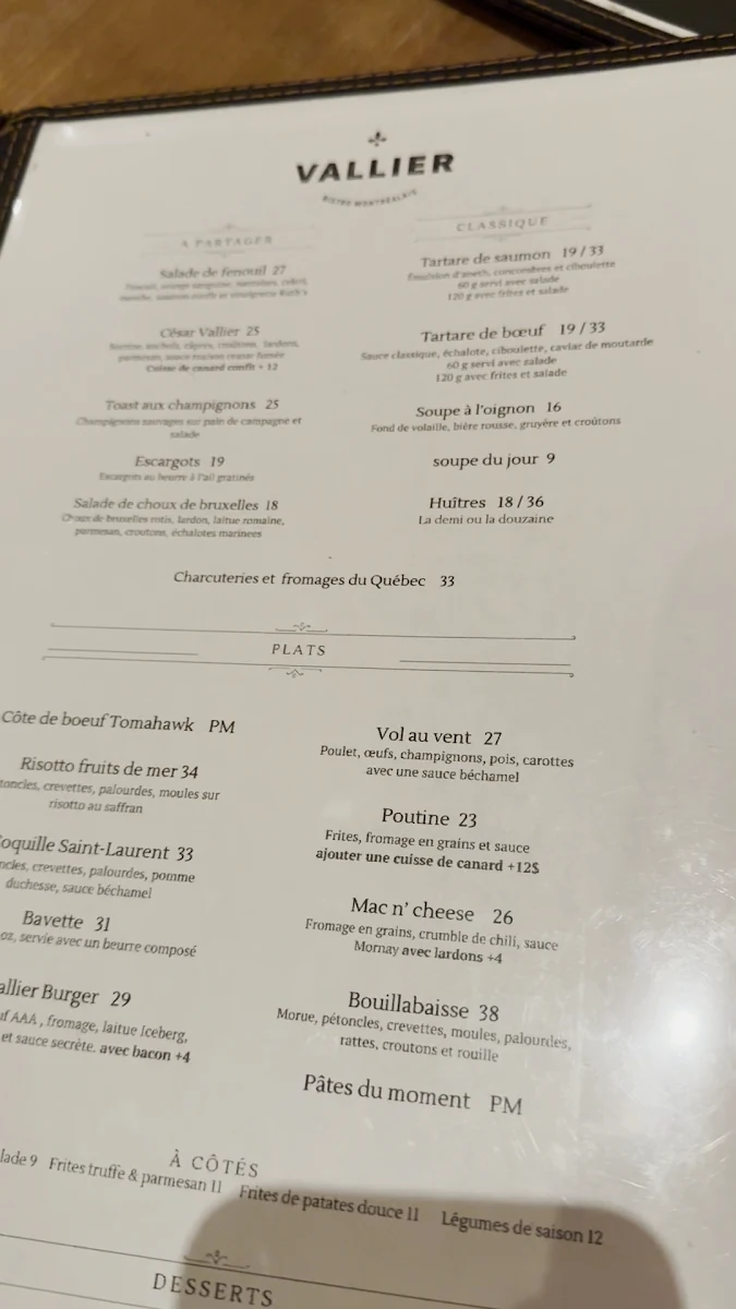 Menu, Vallier Bistro