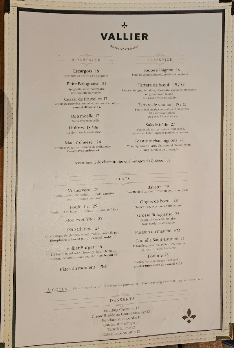 Menu, Vallier Bistro