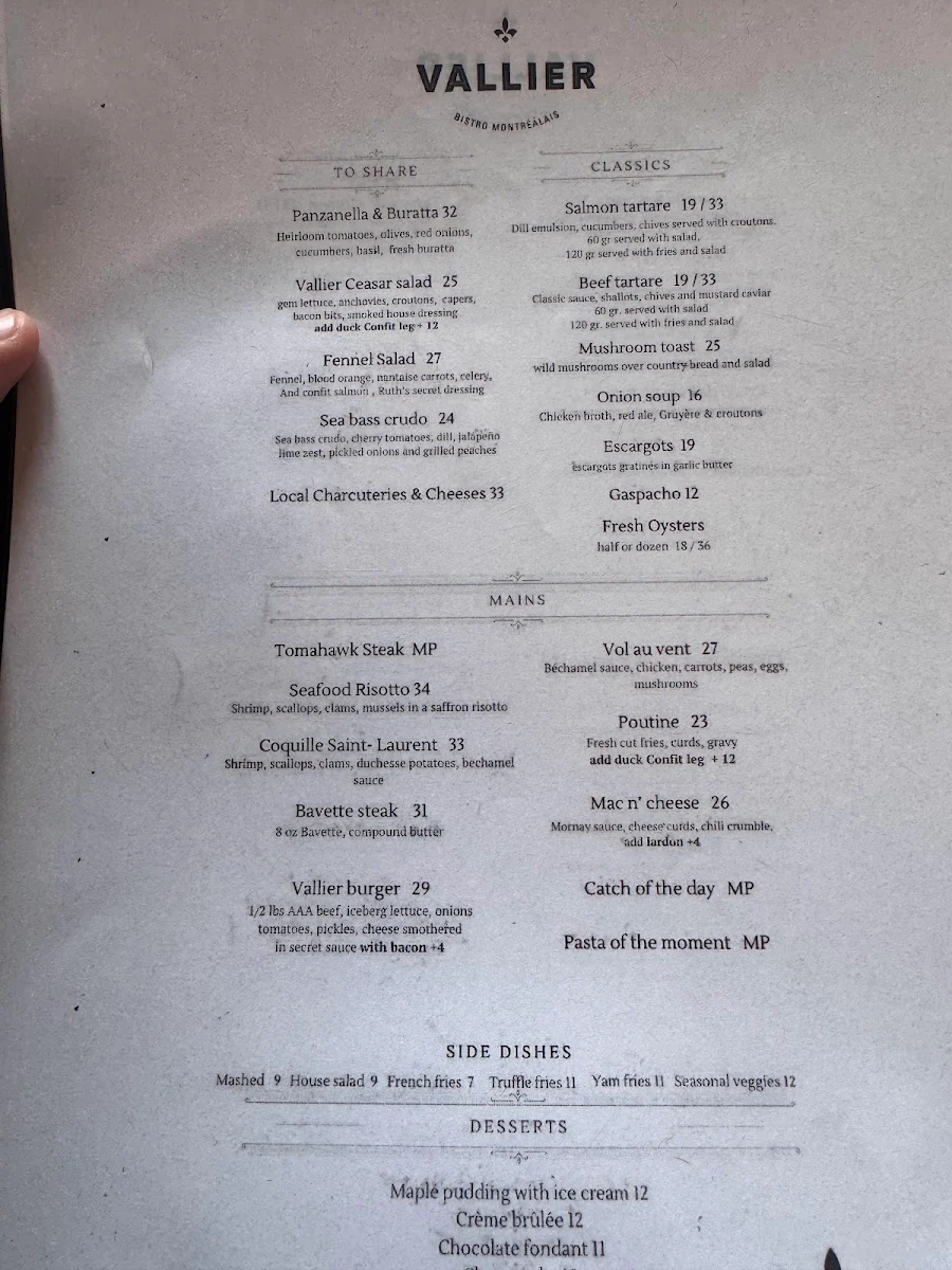 Menu, Vallier Bistro