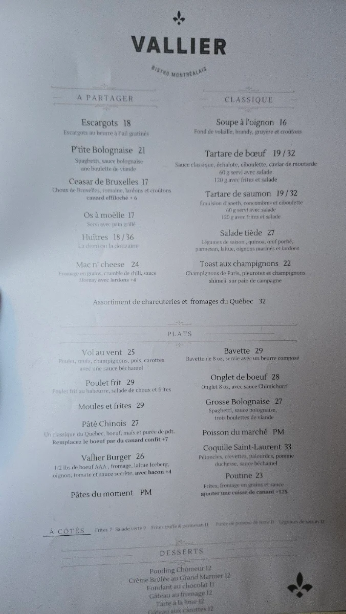 Menu, Vallier Bistro