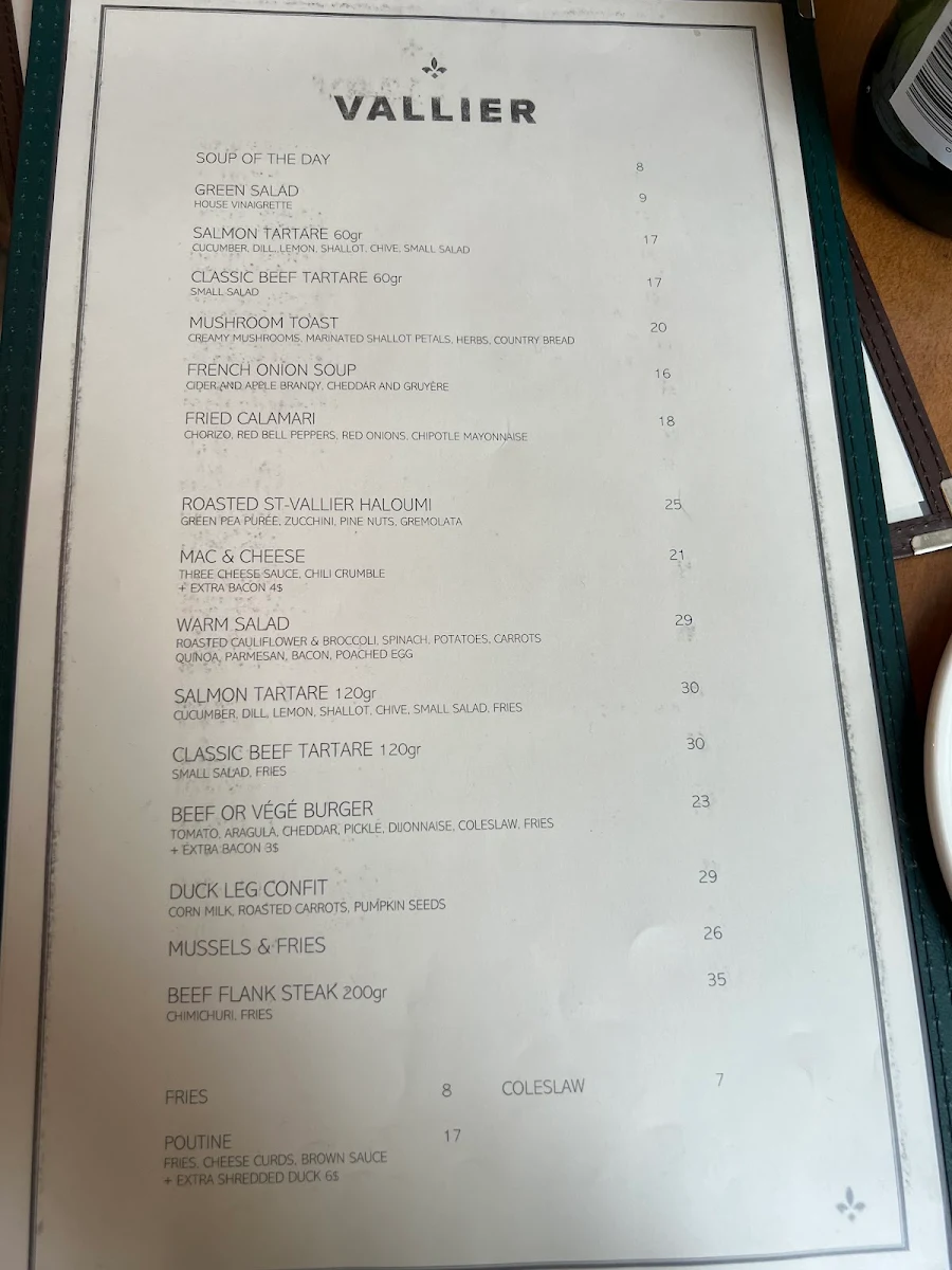 Menu, Vallier Bistro