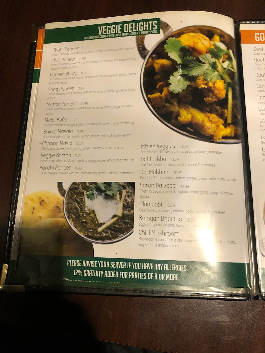 Menu, Planet India Restaurant