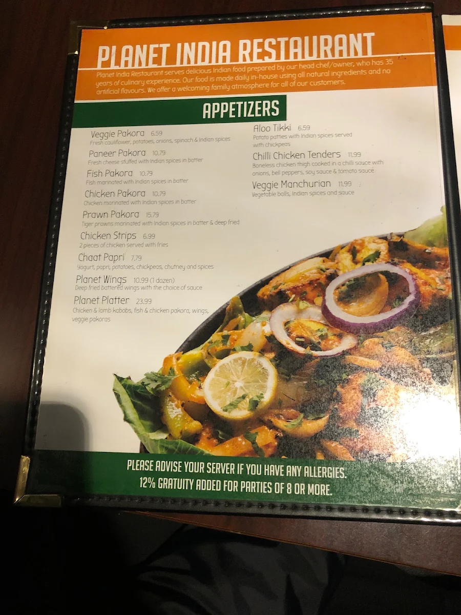Menu, Planet India Restaurant