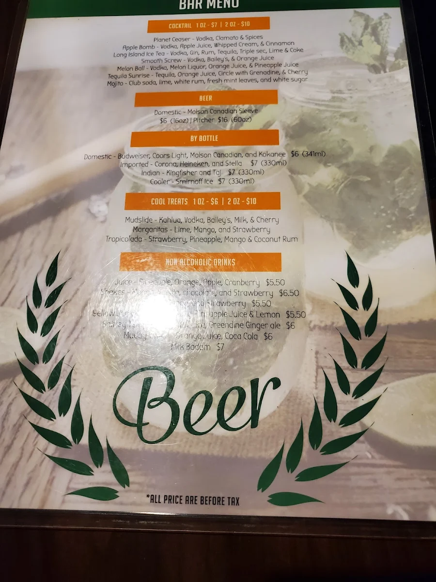Menu, Planet India Restaurant