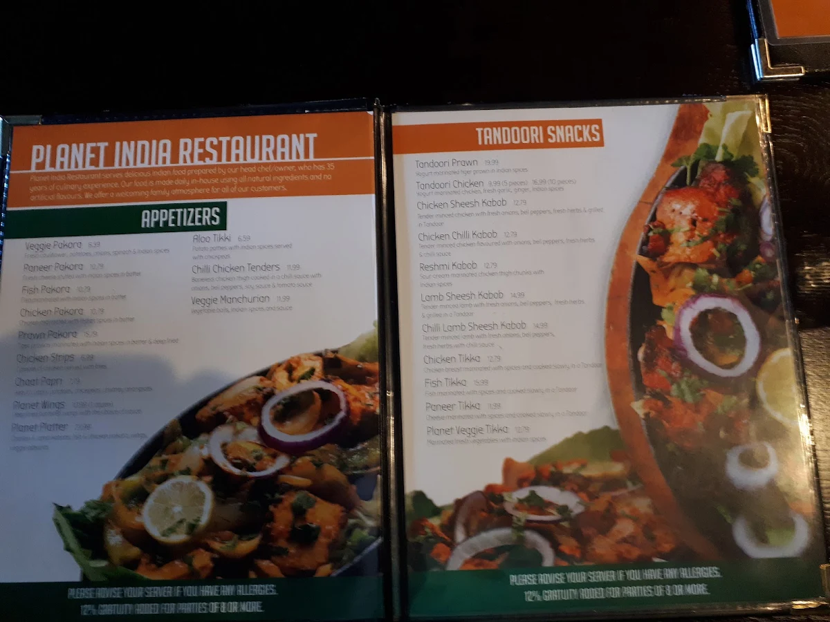 Menu, Planet India Restaurant