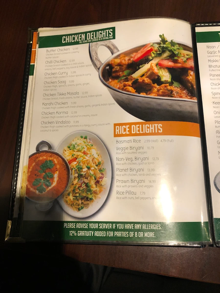 Menu, Planet India Restaurant