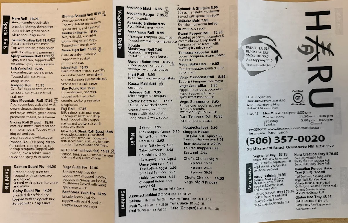 Menu, Haru Japanese Fusion