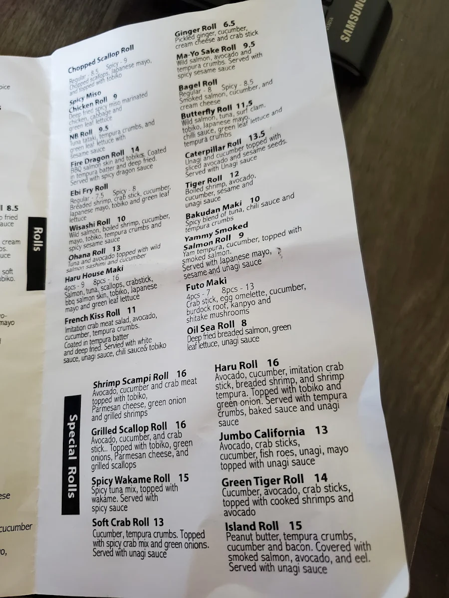 Menu, Haru Japanese Fusion