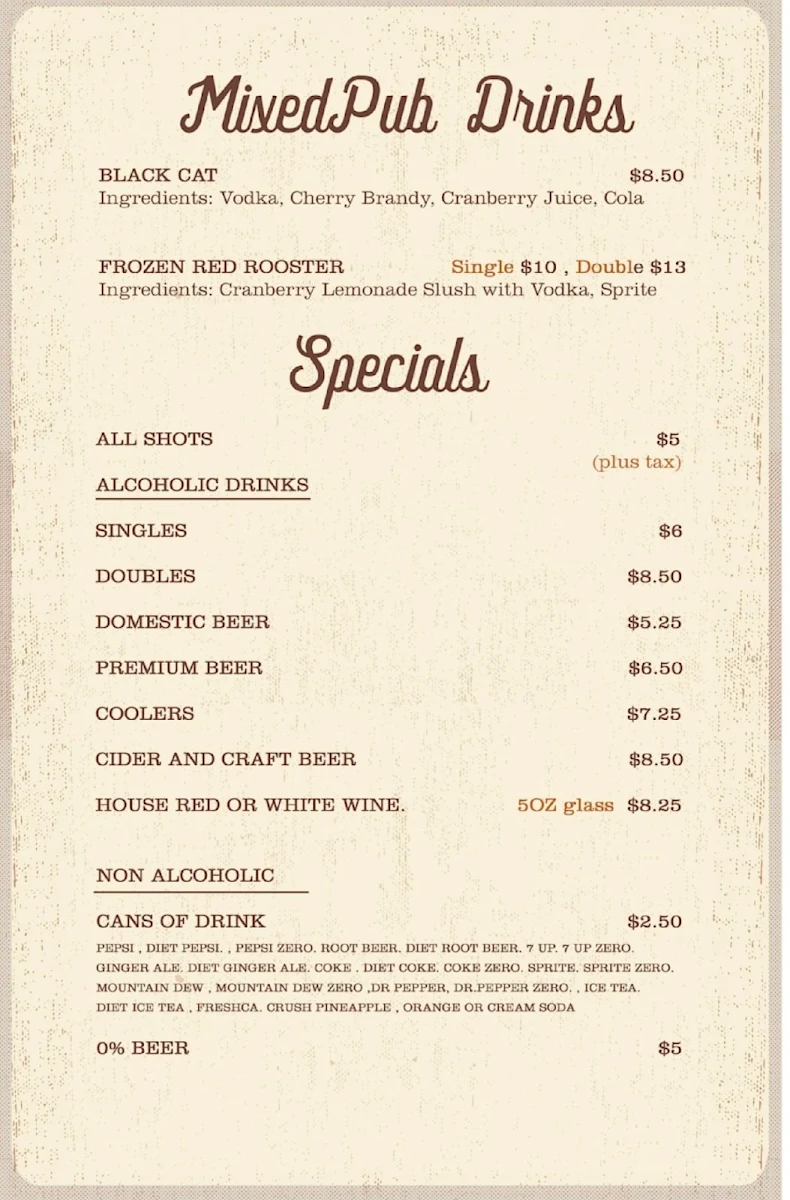 Menu, The Cat & Rooster Pub