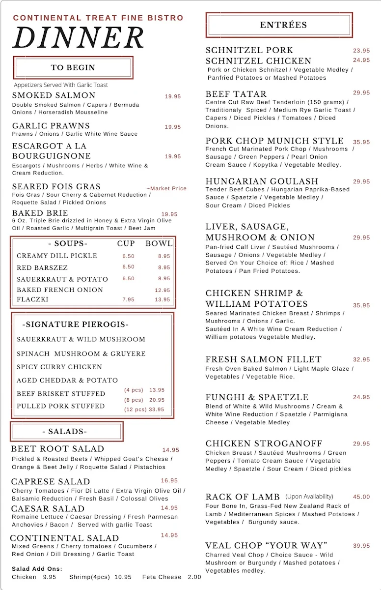 Menu, Continental Treat Fine Bistro