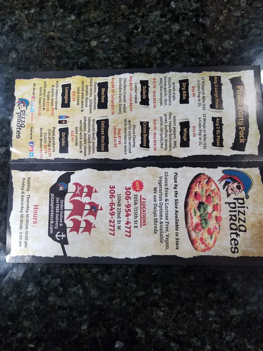 Menu, Pizza Pirates