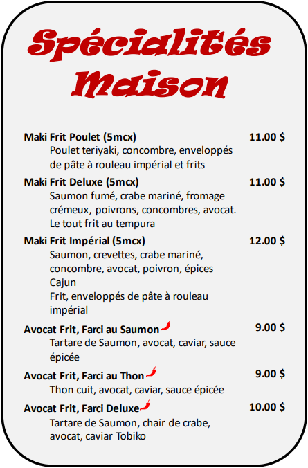 Menu, Doux Zen
