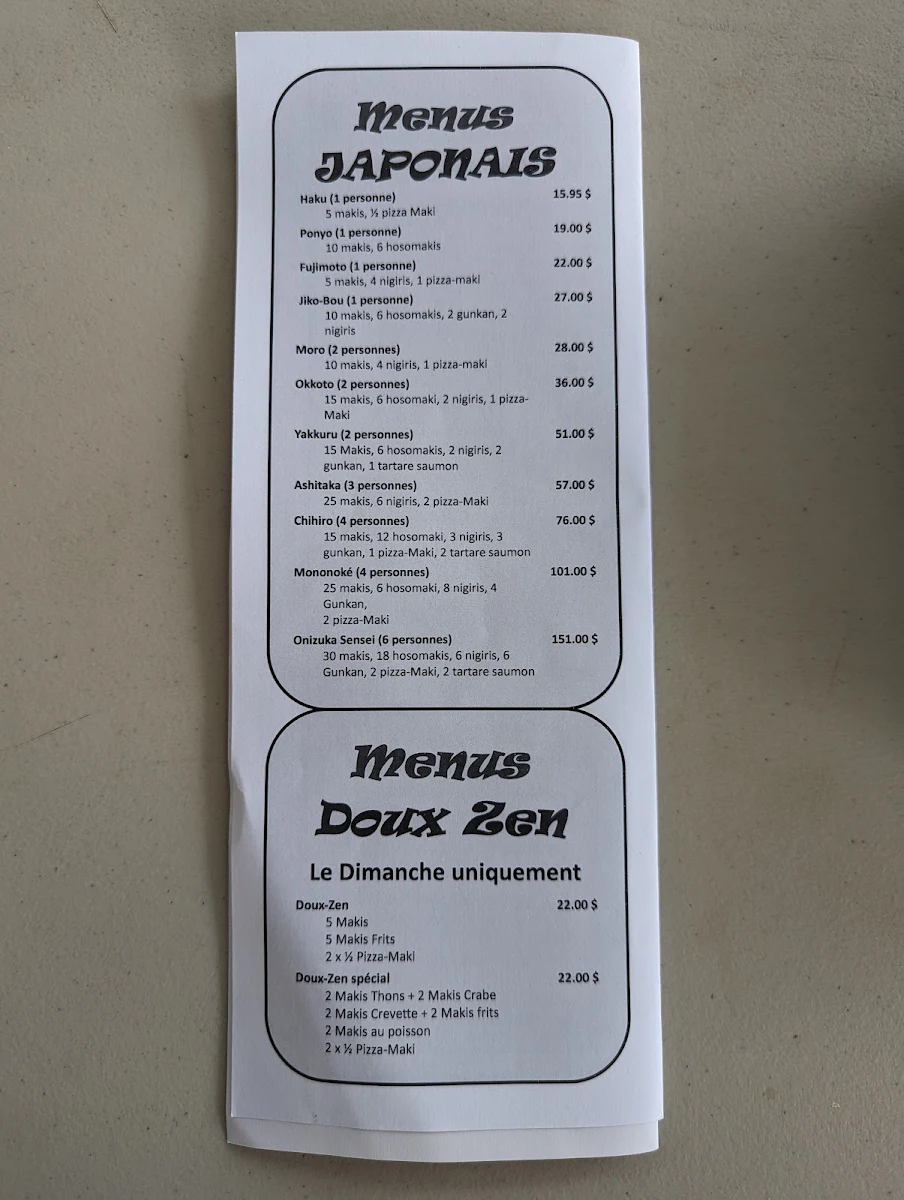Menu, Doux Zen