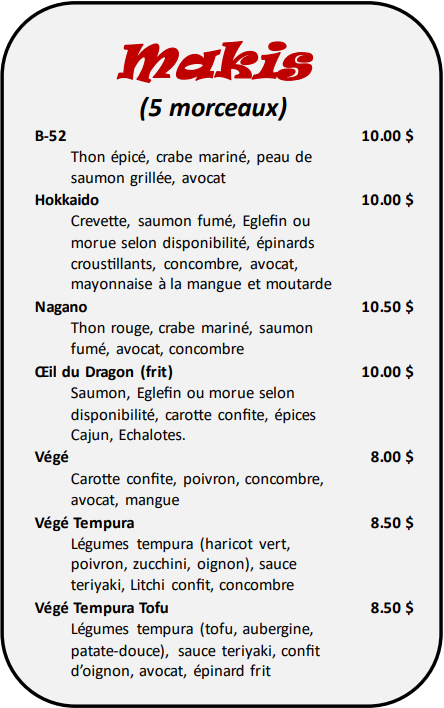 Menu, Doux Zen