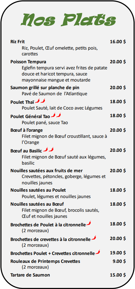 Menu, Doux Zen