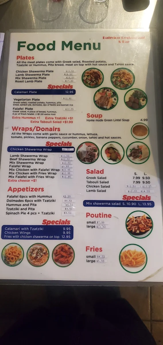 Menu, Babylon Restaurant & Bar