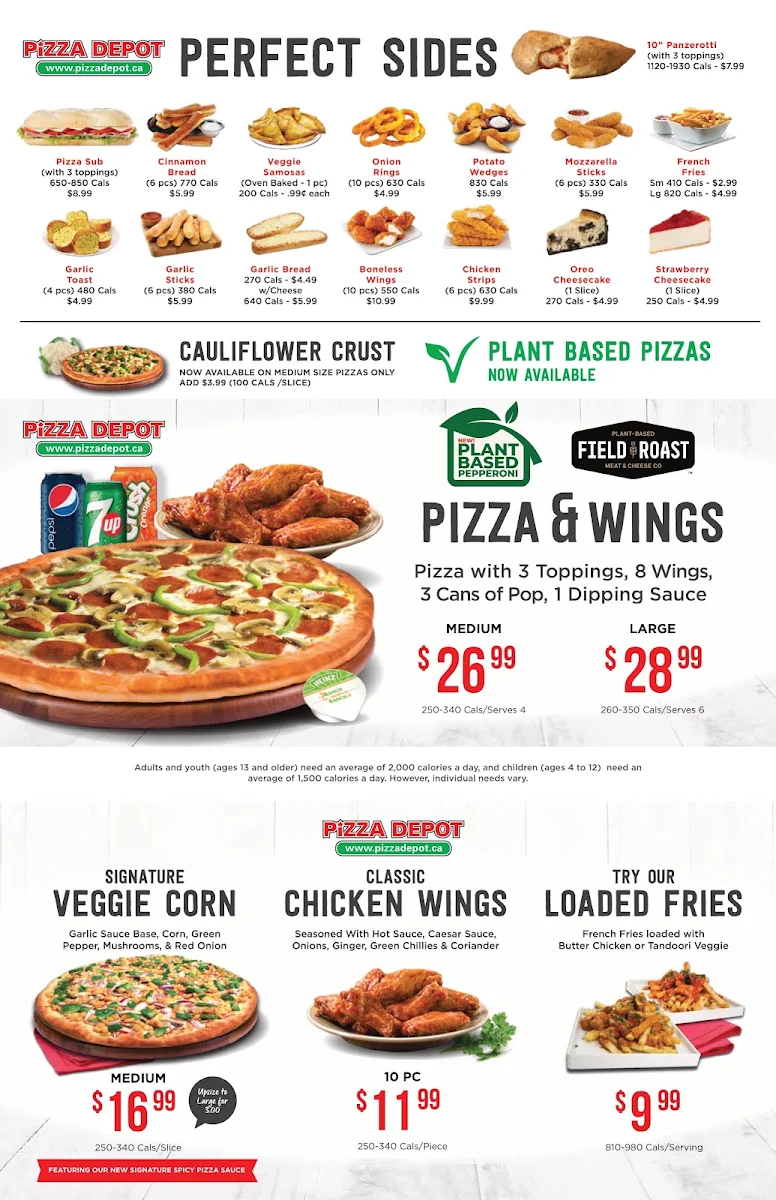 Menu, Pizza Depot
