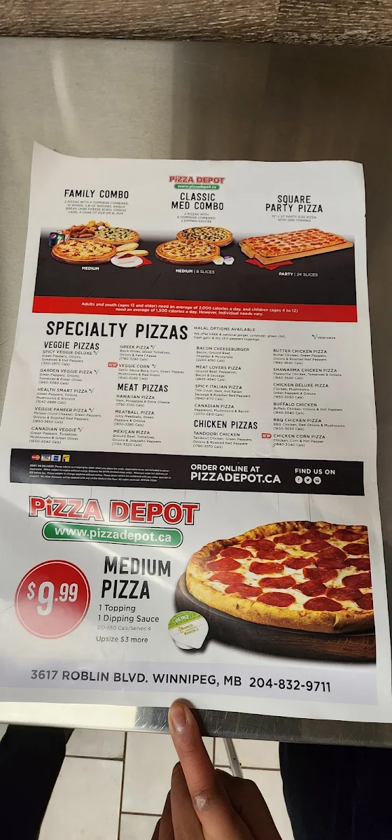 Menu, Pizza Depot