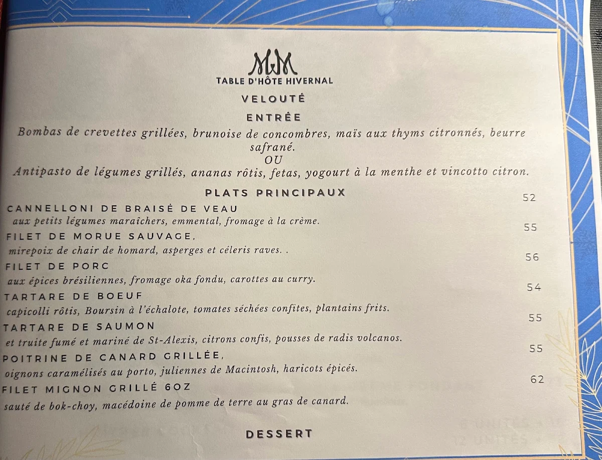 Menu, Bistro MM Station Culinaire