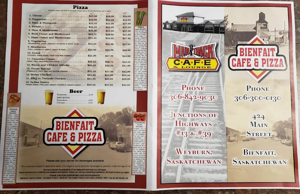 Menu, Main Track Bienfait Cafe
