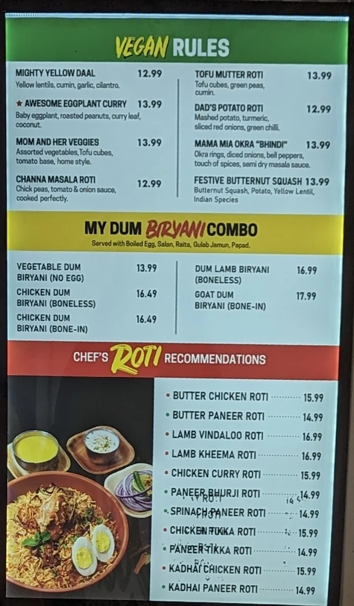 Menu, My Roti Place/My Dosa Place