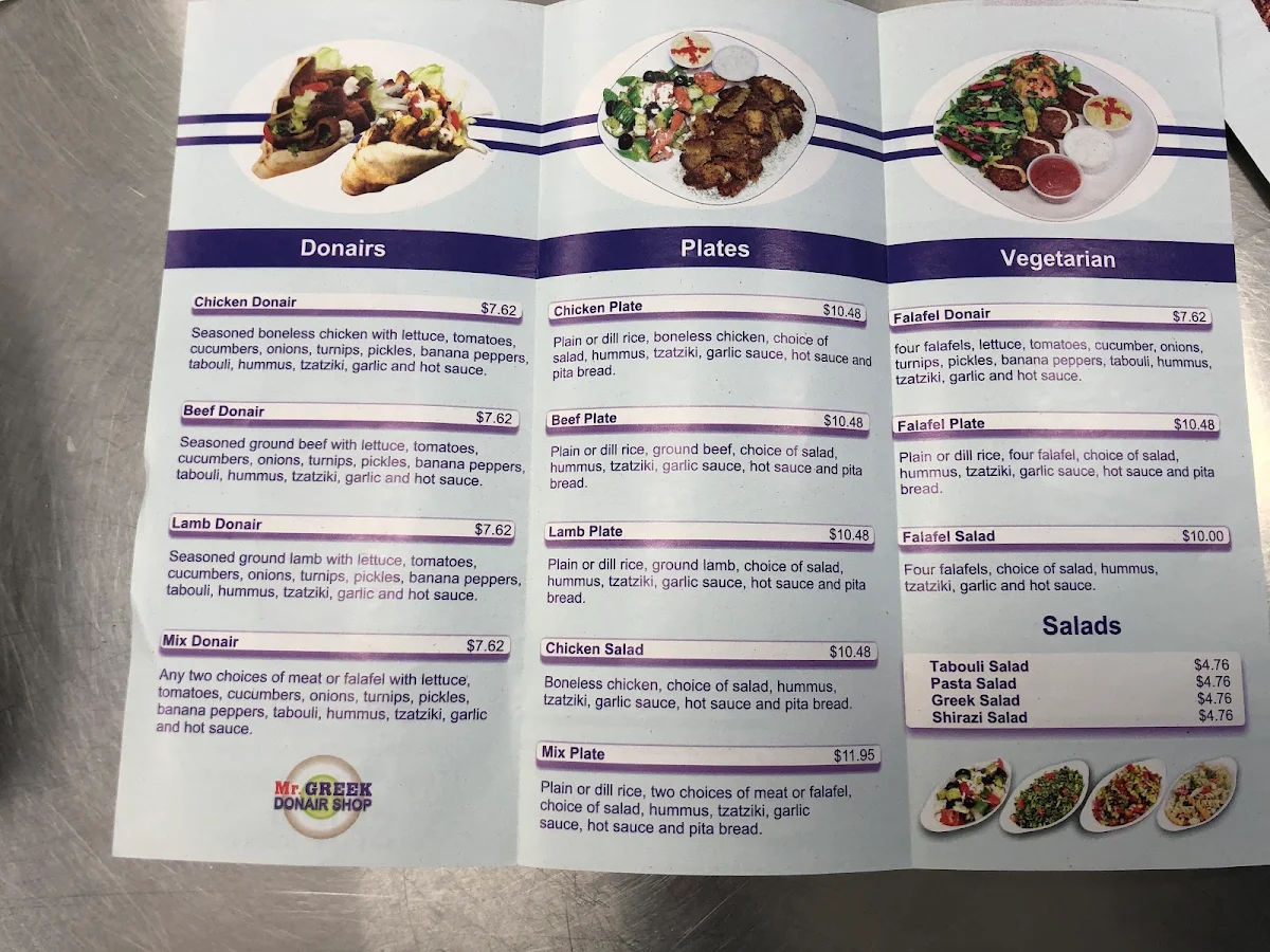 Menu, Mr. Greek Donair Store