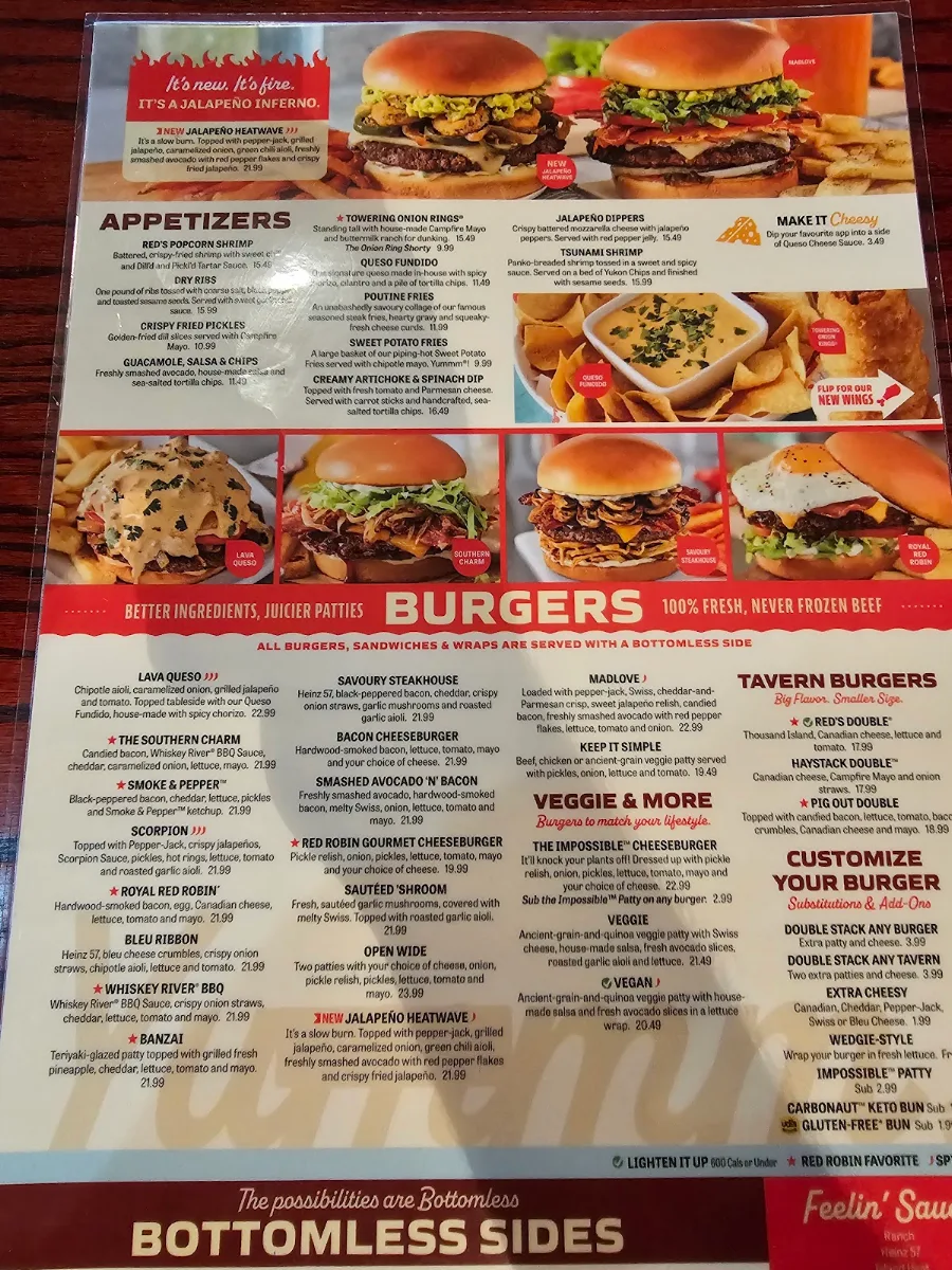 Menu, Red Robin Gourmet Burgers and Brews