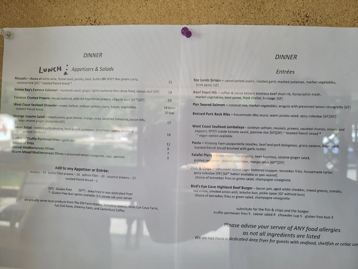 Menu, Genoa Bay Cafe
