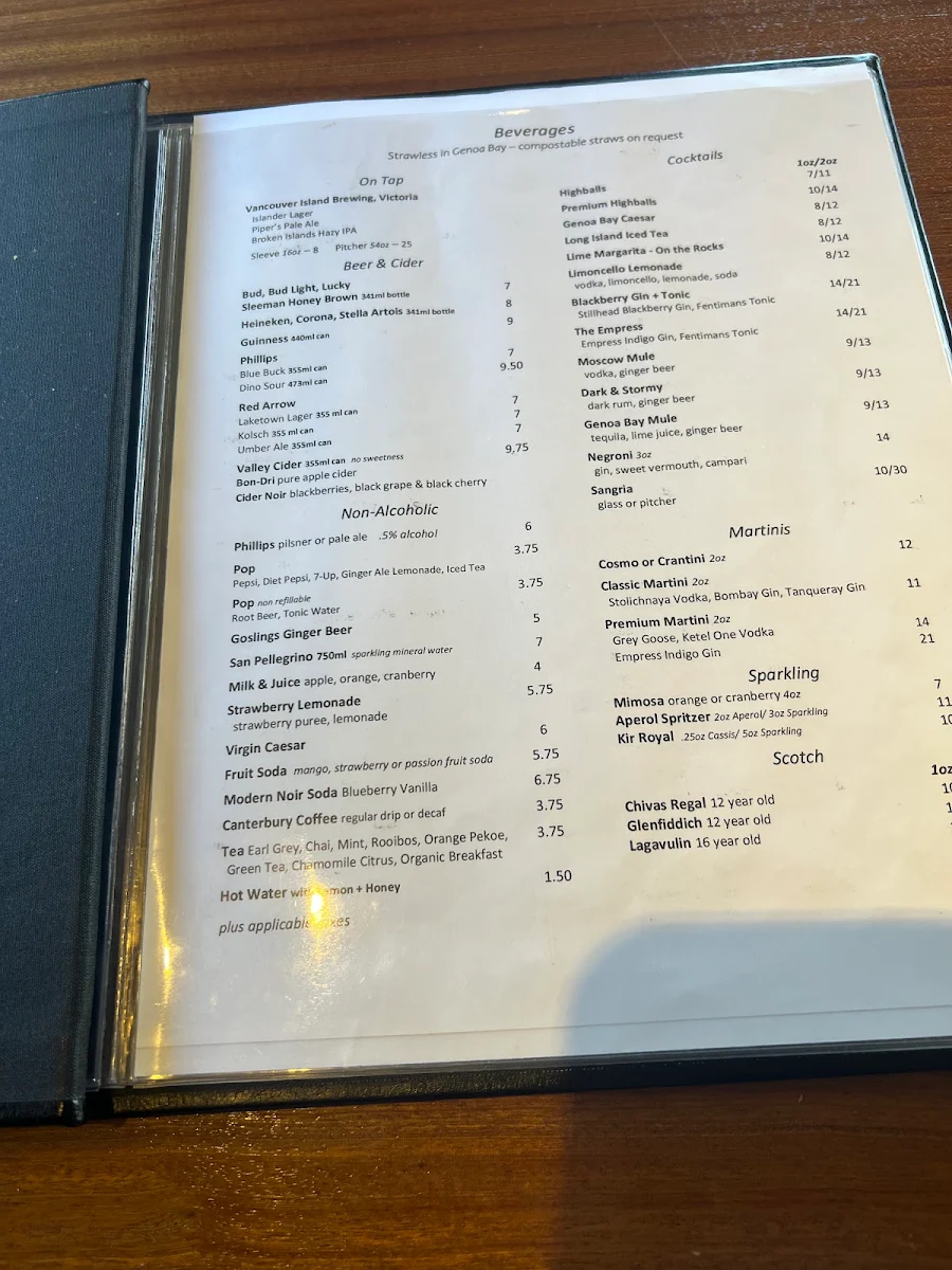 Menu, Genoa Bay Cafe