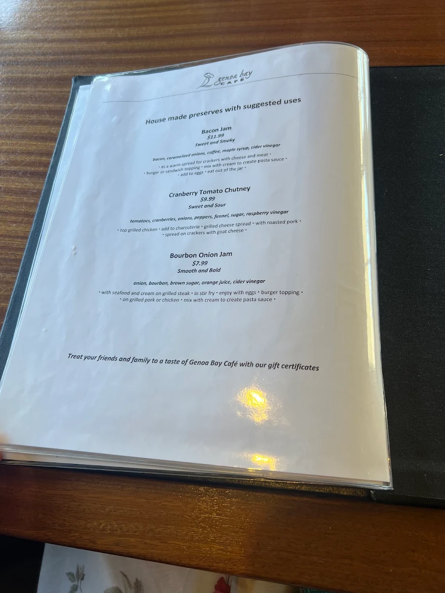 Menu, Genoa Bay Cafe