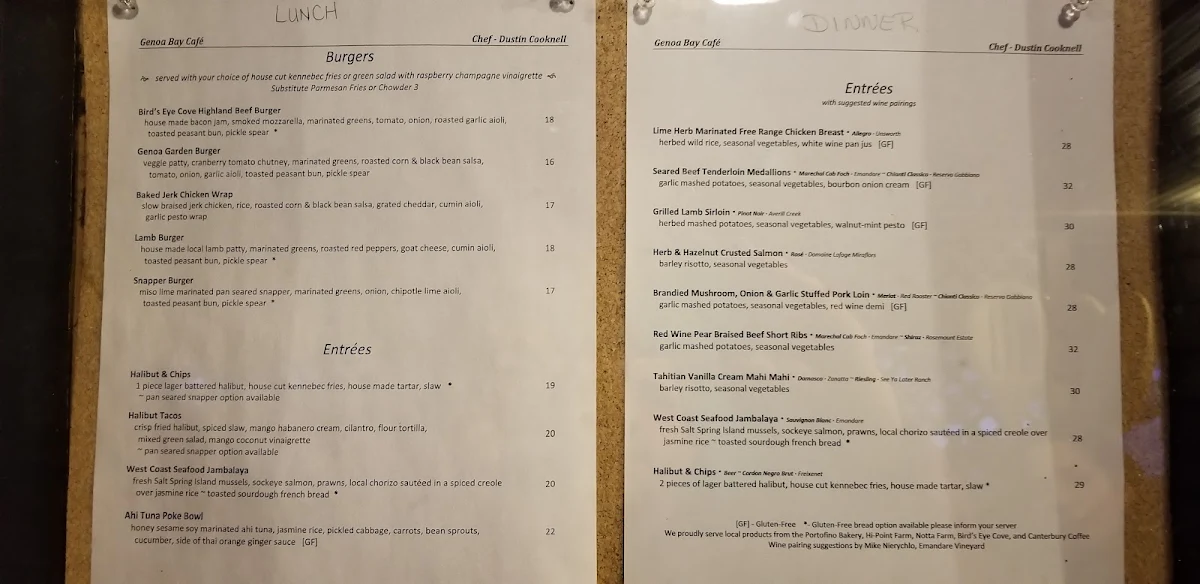 Menu, Genoa Bay Cafe
