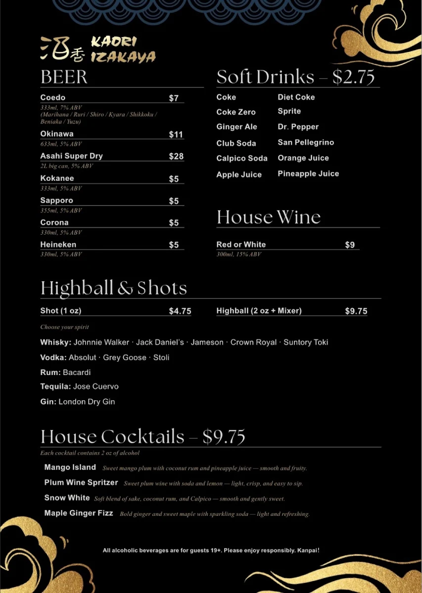 Menu, Kaori Izakaya (Sushi & Grill)
