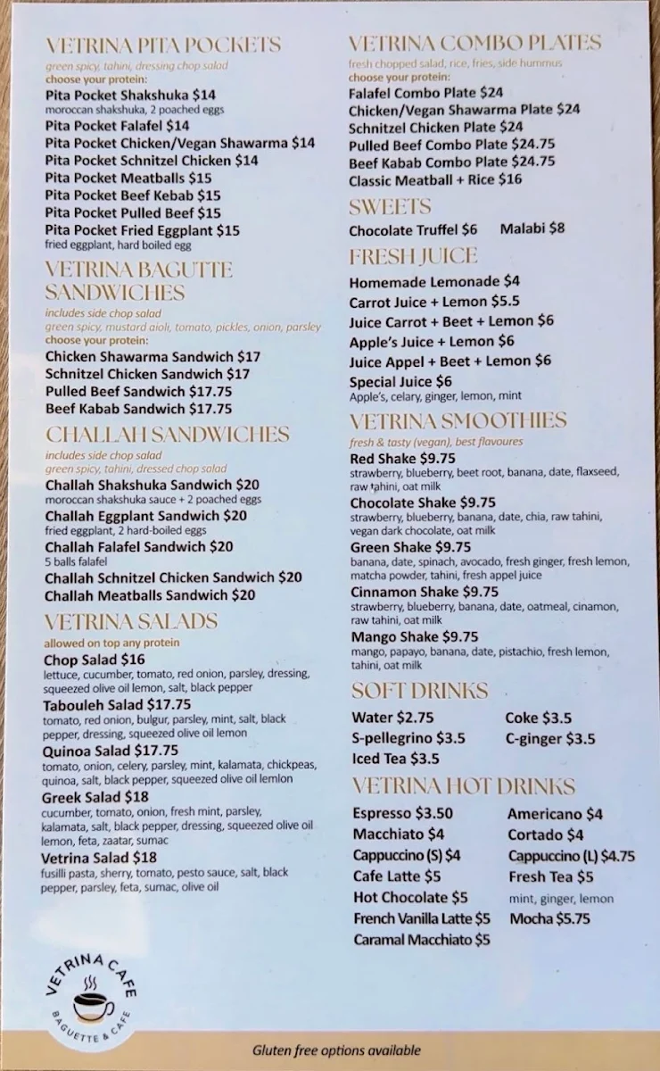 Menu, Vetrina Cafe