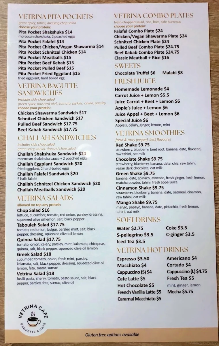 Menu, Vetrina Cafe