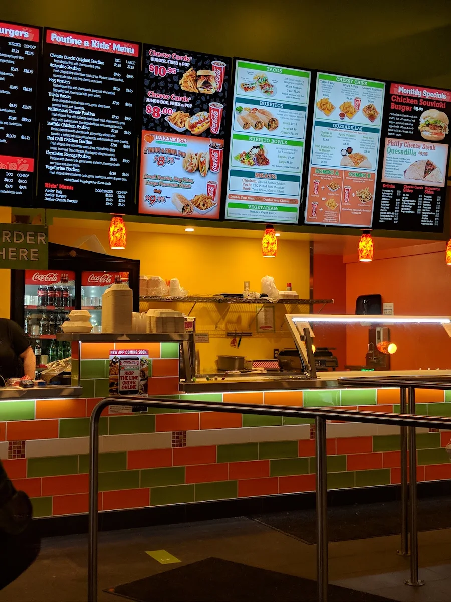 Menu, Cheese Curds Gourmet Burgers + Poutinerie
