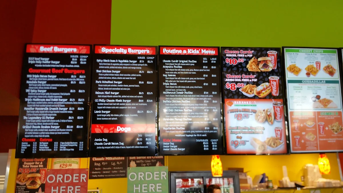 Menu, Cheese Curds Gourmet Burgers + Poutinerie