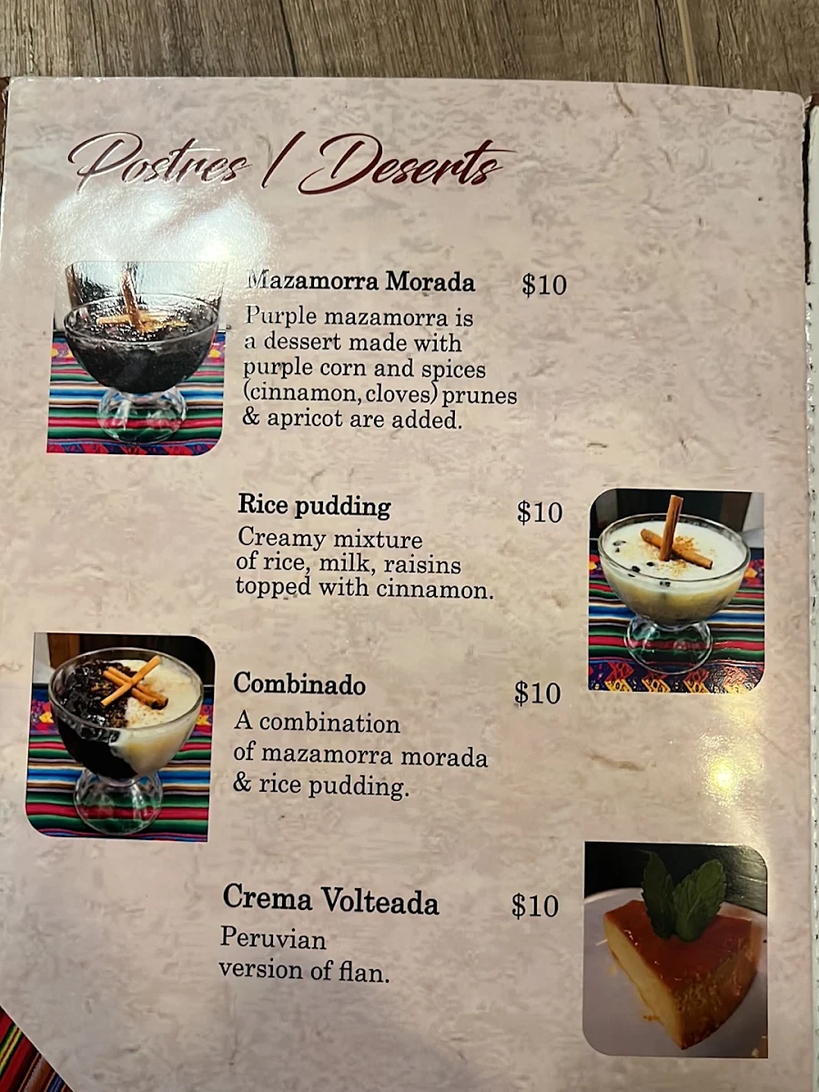 Menu, La Crema Peruvian Restaurant
