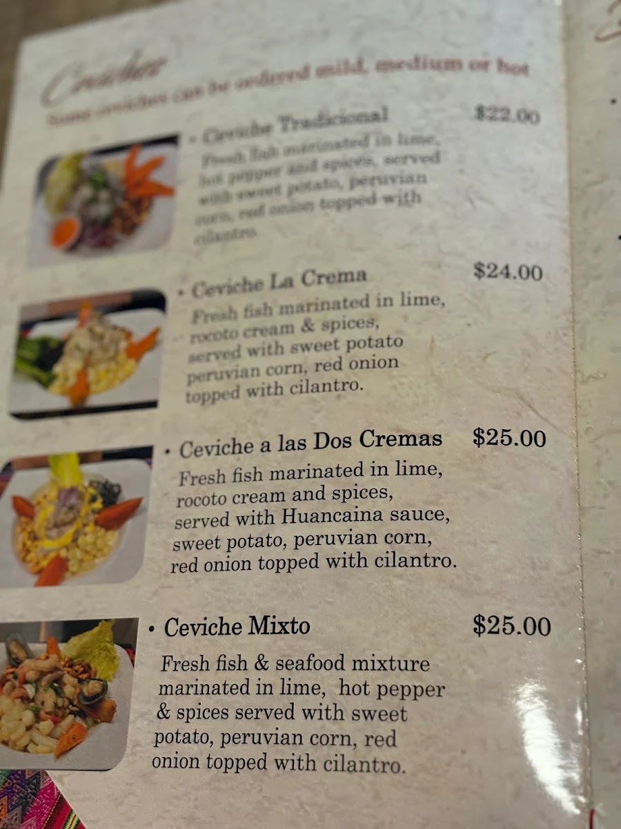 Menu, La Crema Peruvian Restaurant