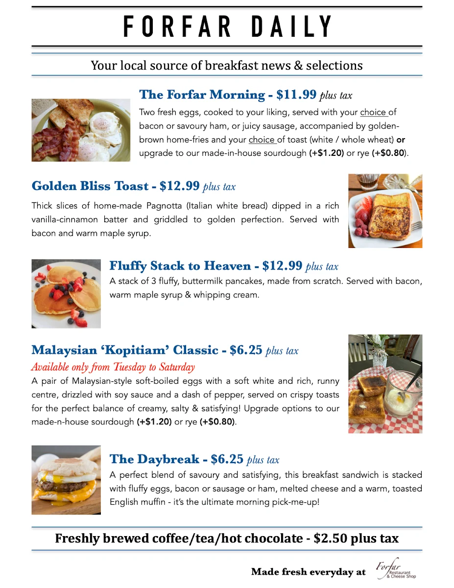 Menu, Forfar Restaurant