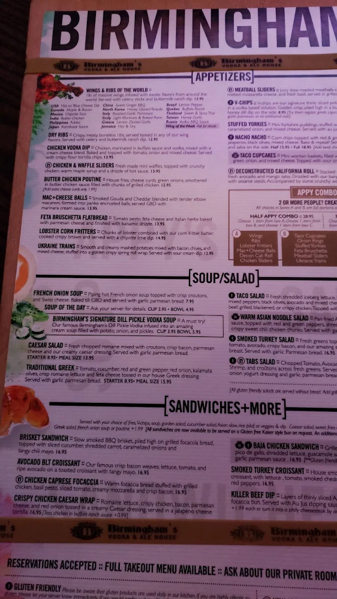Menu, Birmingham's Vodka and Ale House Saskatoon