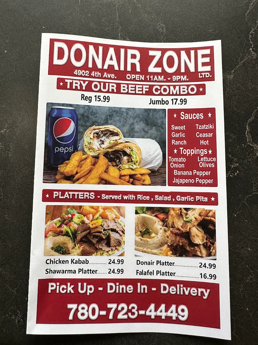 Menu, Donair Zone Ltd