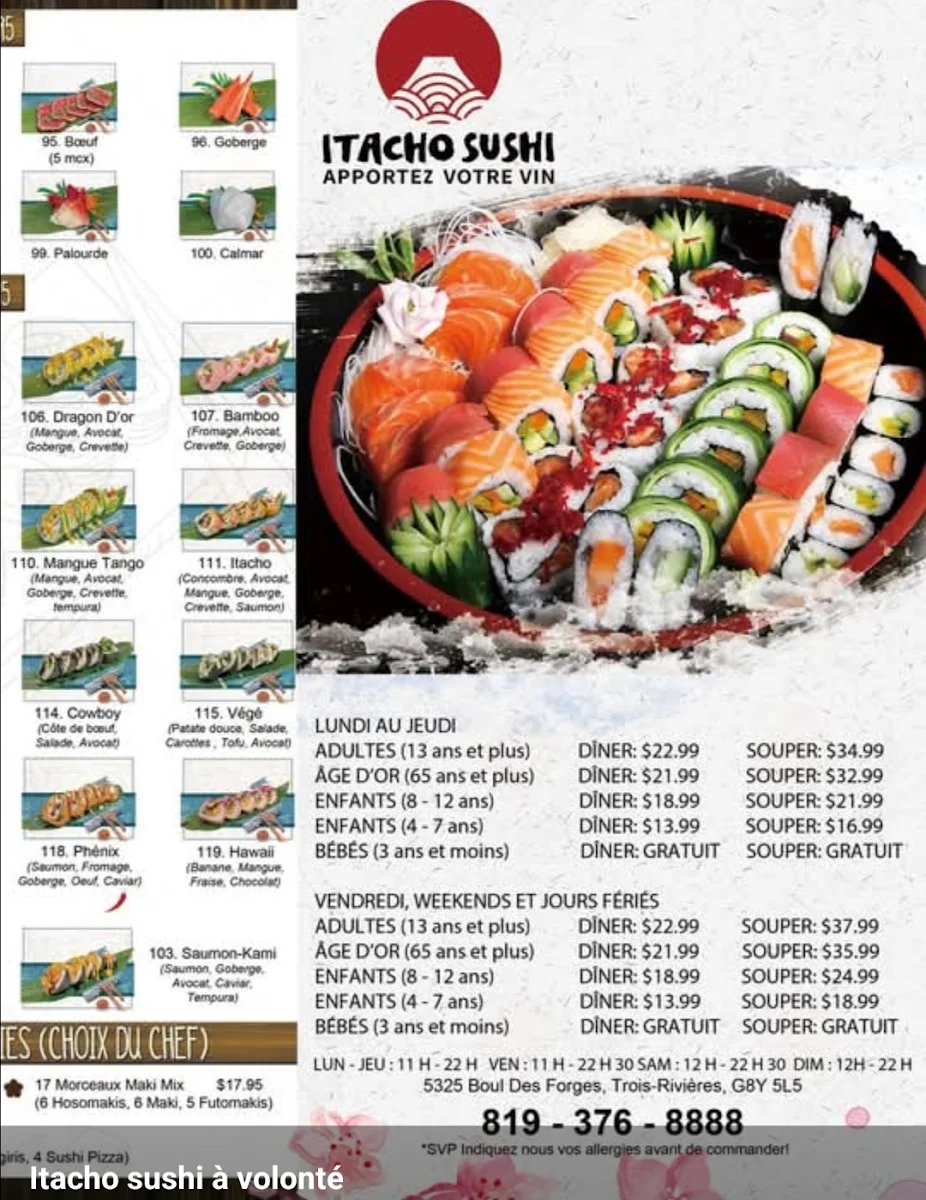 Menu, ITACHO SUSHI À VOLONTÉ