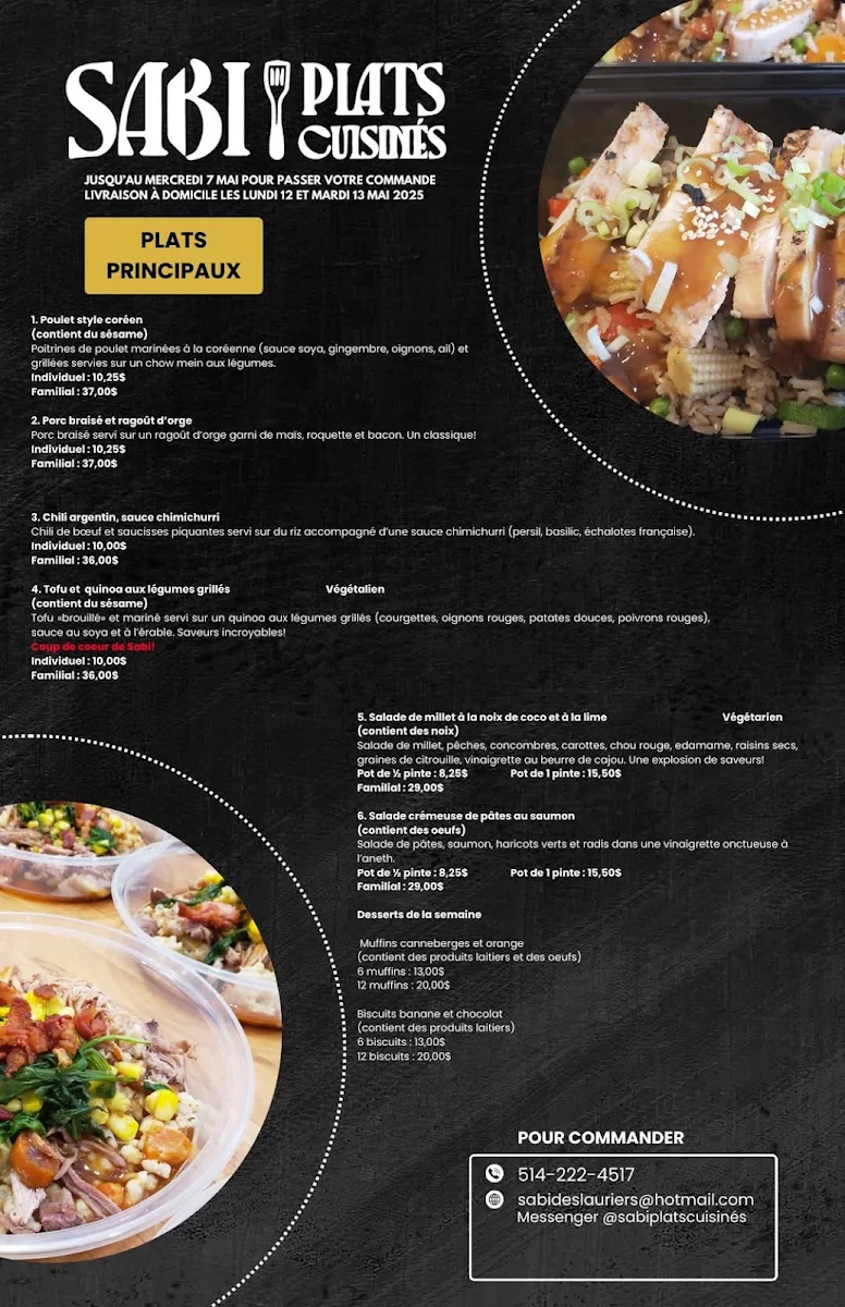 Menu, Sabi Plats cuisinés