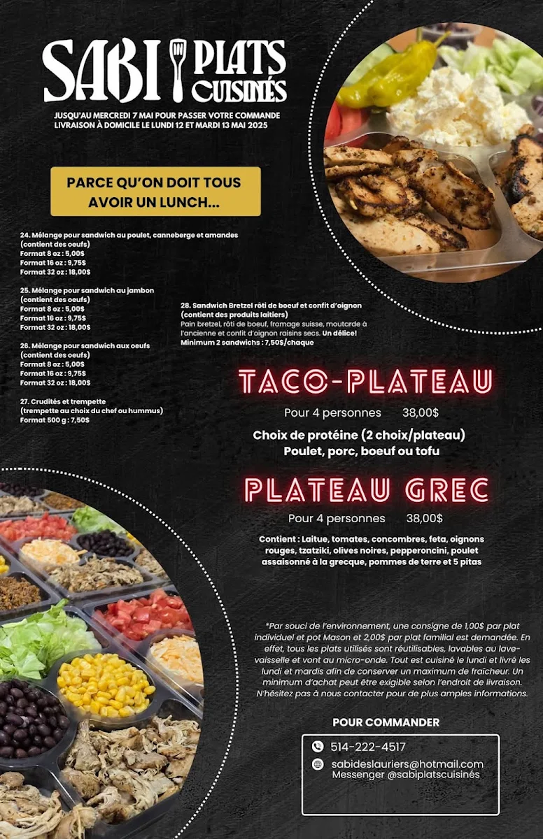 Menu, Sabi Plats cuisinés