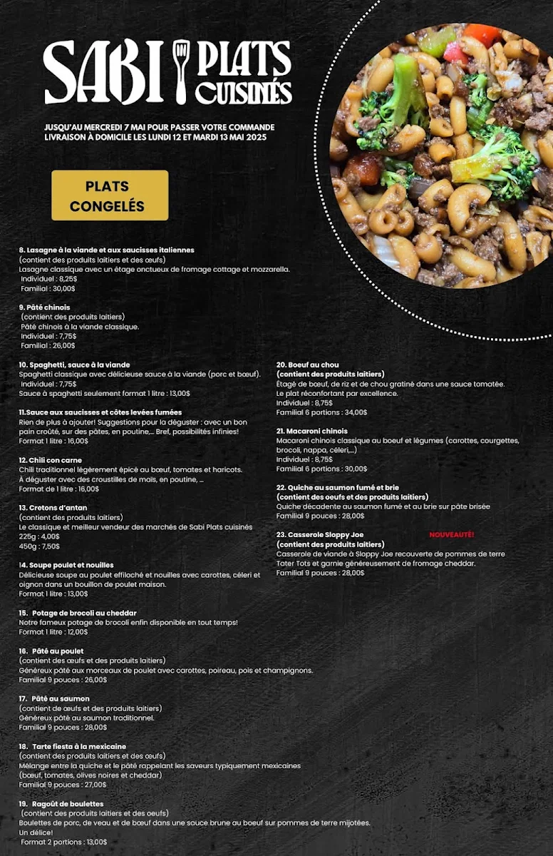 Menu, Sabi Plats cuisinés