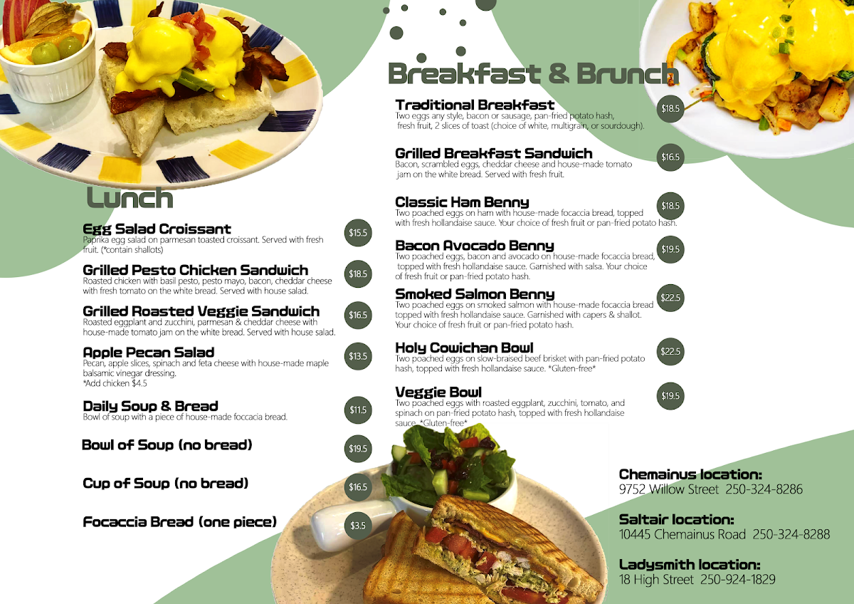Menu, Owl's Nest Bakery and Bistro (Saltair)