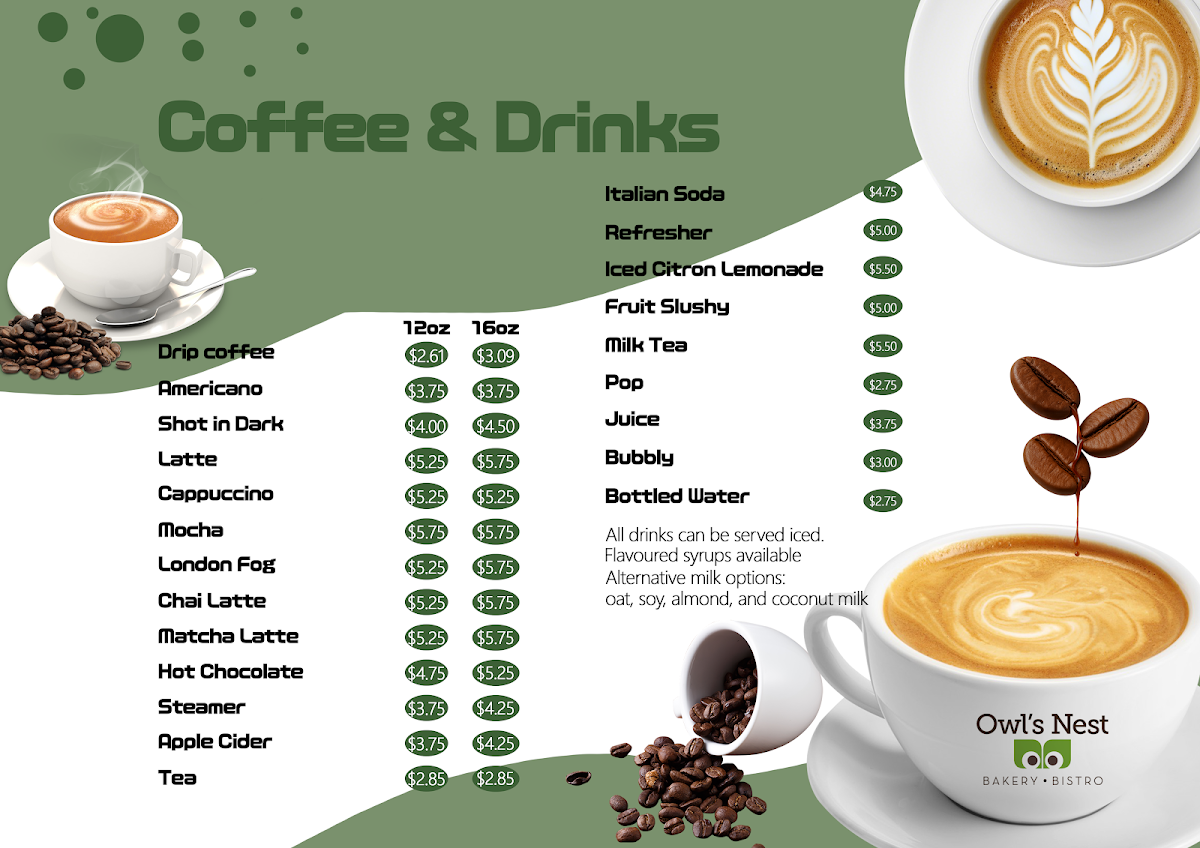 Menu, Owl's Nest Bakery and Bistro (Saltair)