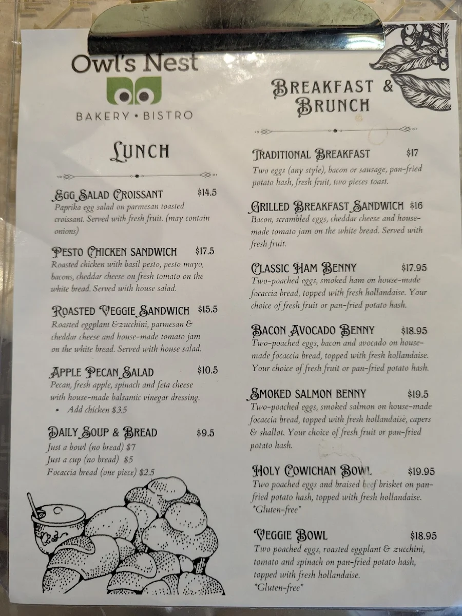 Menu, Owl's Nest Bakery and Bistro (Saltair)