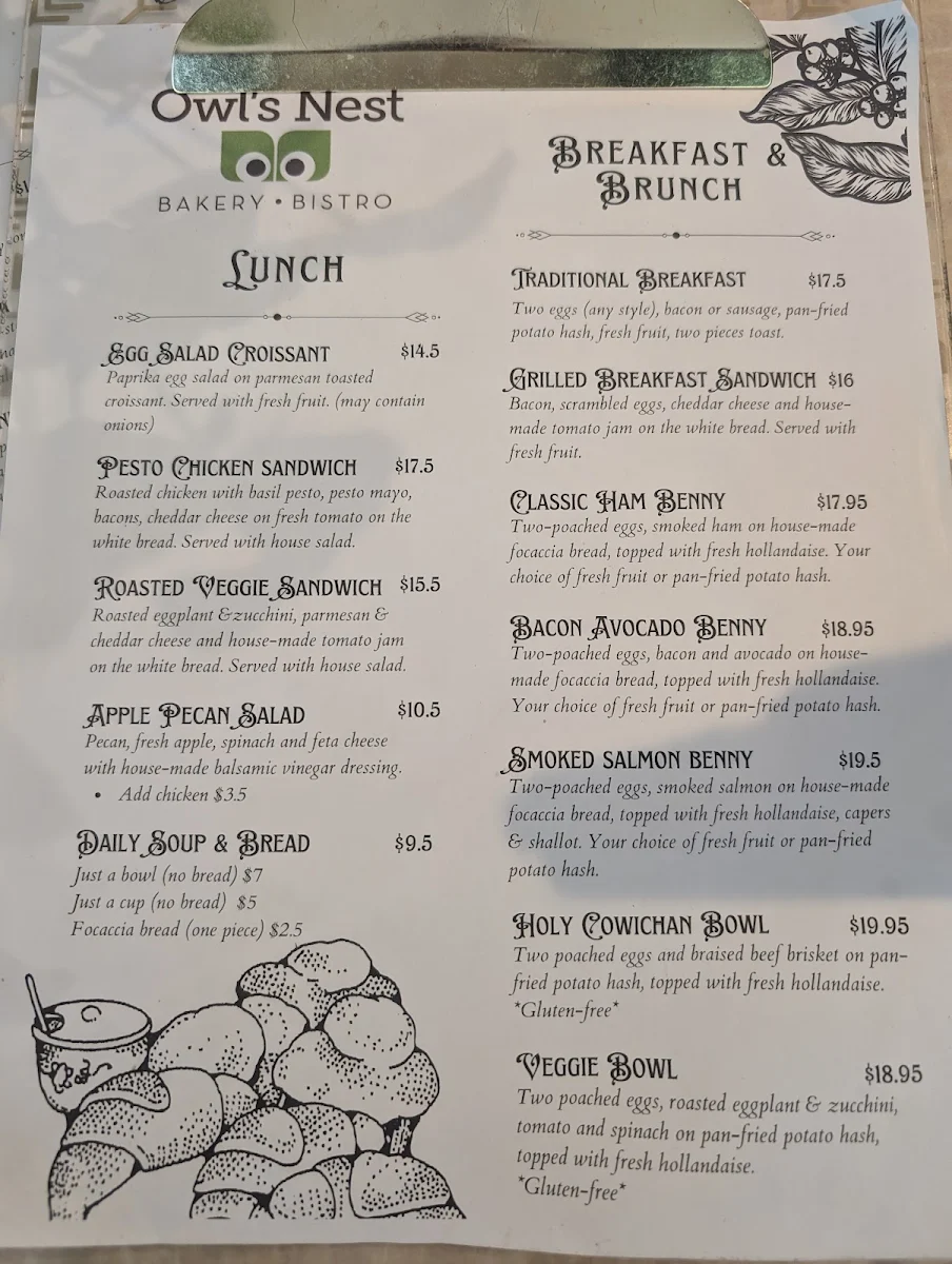 Menu, Owl's Nest Bakery and Bistro (Saltair)