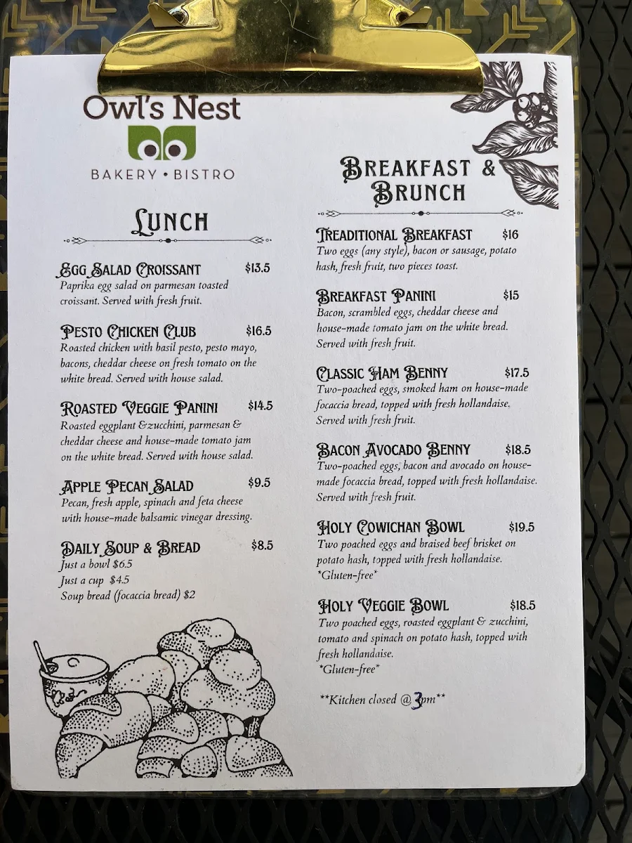 Menu, Owl's Nest Bakery and Bistro (Saltair)